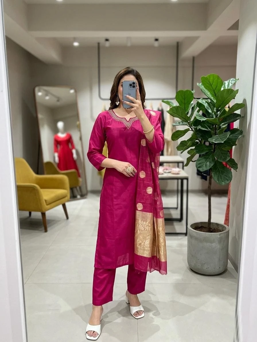Magenta Pink Embroidered Kurta Set with Banarasi Dupatta
